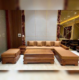 Sofa Gỗ Hương Vàng Góc L Chân Pháo Cao Cấp 3m2x2m15 Mẫu Nệm Da Sáng