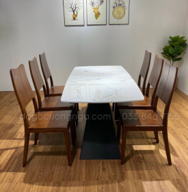 Bàn ăn gỗ sồi nga lau màu óc chó 6 ghế BG 057
