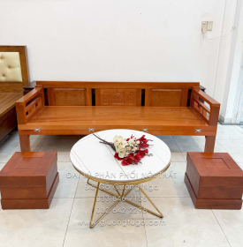 Giường Gấp Gỗ Xoan Đào Kèm Bàn Đá Và Đôn Gỗ Sồi Đẹp Gọn