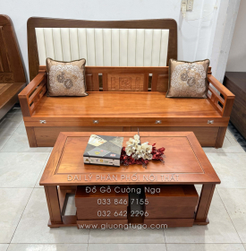 Giường Gấp Gỗ Xoan Đào 2 Ngăn Kéo Kèm Bàn (Có Kính) & Đôn Gỗ Sồi Bền Đẹp