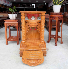 Bàn Thờ Ông Địa -Thần Tài Gỗ Gõ Đỏ 50cm x 81cm Hộp Đèn