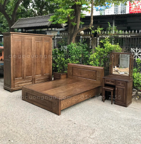Combo phòng ngủ gỗ sồi - màu óc chó đẹp - mẫu đơn giản
