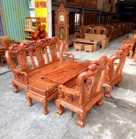 Bộ bàn ghế gỗ hương đá tay 12 chạm đào 