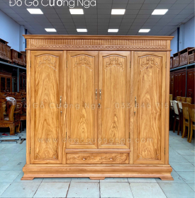 Tủ áo gỗ gõ đỏ 4 cánh - 2m1 mẫu phào vuông 