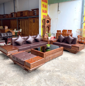 Bộ Bàn Ghế Sofa 2 Văng Thuyền Gỗ Sồi Nga Lau Màu Óc Chó Kèm Nệm
