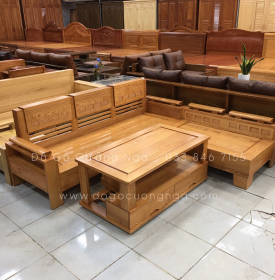 Bộ Bàn Ghế Sofa Góc L Gỗ Sồi Nga 2mx1m8 Lau Màu Gõ Đỏ - Tay Trứng 