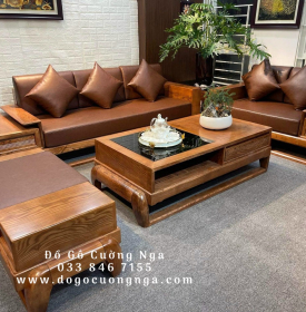 Bộ Sofa Gỗ Sồi Nga Lau Màu Hương 2 Văng Đùi Gà