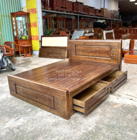 Giường ngủ gỗ sồi nga 2 ngăn kéo vạt phản - lau màu óc chó 