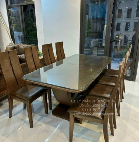 Bàn Ăn Gỗ Sồi Nga Hiện Đại 8 Ghế Lau Màu Óc Chó BG 11-22