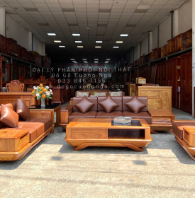 Bàn Ghế Sofa Gỗ Hương Vàng 2 Văng Chân Thuyền Nệm Cao Cấp 
