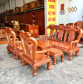 Bộ Bàn Ghế Salon Gỗ Hương Đá Mặt Liền Nguyên Tấm 10 Trạm Đào 6 Món 