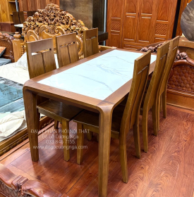 Bộ bàn ăn gỗ sồi nga mặt đá 6 ghế - màu óc chó giá rẻ đẹp 
