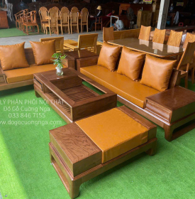 Sofa Gỗ Sồi Nga Lau Màu Hiện Đại 2 Văng Choãi 