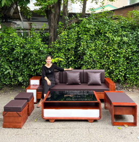 Sofa Gỗ Sồi Nga Văng 2m3 Kèm Nệm Cao Cấp Màu Cánh Gián 