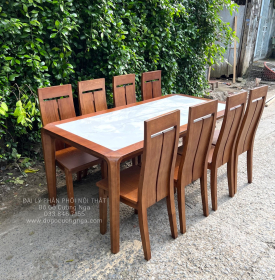 Bộ Bàn Ăn Gỗ Sồi Nga Mặt Đá 8 Ghế Màu Óc Chó Sang Trọng 