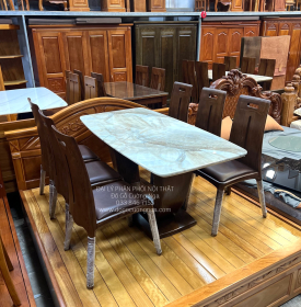 Bộ Bàn Ghế Ăn Gỗ Sồi Lau Màu Óc Chó 6 Ghế Ngồi Kết Hợp Mặt Đá 