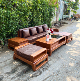 Sofa Gỗ Hương Vàng Góc L 2m8x1m8 Kèm Nệm Mẫu Mới 