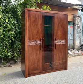 Tủ Quần Áo Gỗ Hương Xám 3 Cánh Màu Óc Chó Cánh Kính Cường Lực 