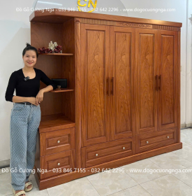 Tủ Quần Áo Gỗ Hương Đá 4 Cánh Kèm Kệ Vế Trái 