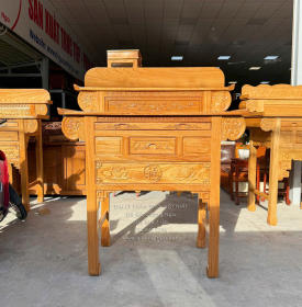 Bàn Thờ 2 Tầng Gỗ Gõ Đỏ 1m27 Chạm Sen - Chữ Phúc