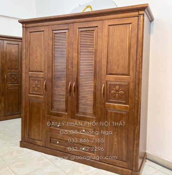 Tủ Quần Áo Gỗ Sồi 4 Cánh Màu Óc Chó - Mẫu Lá Sách 