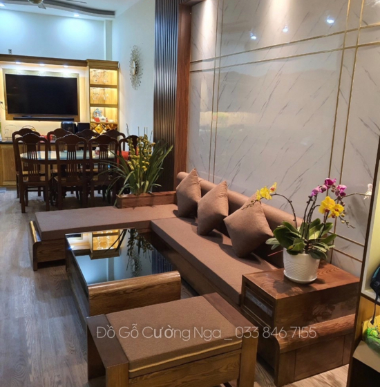 Bộ Bàn Ghế Sofa Góc L Gỗ Sồi Nga Chân Cuốn - Vế Phải Nệm Vải Bố 