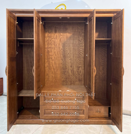 Tủ Quần Áo Gỗ Sồi 4 Cánh Màu Óc Chó - Mẫu Lá Sách 