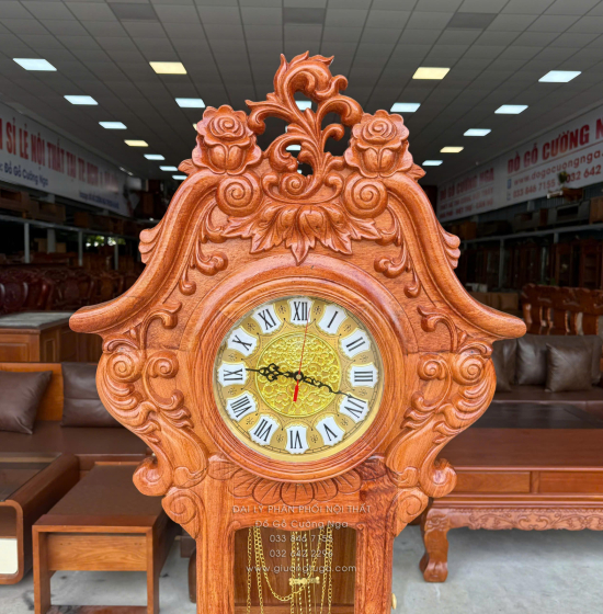 Đồng Hồ Gỗ Hương Đá Mẫu Hoa Lá Tây Cao Cấp 1m75