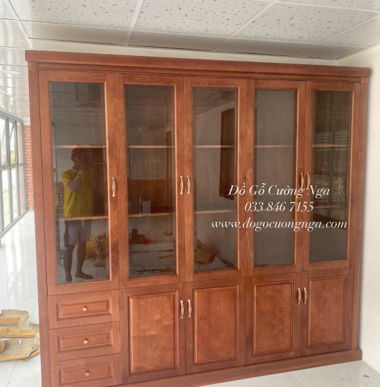 Tủ Sách - Tủ Hồ Sơ Gỗ Xoan Đào 5 Cánh Cao Cấp 