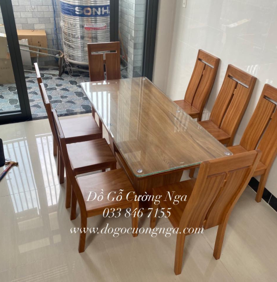 Bàn Ăn Gỗ Gõ Đỏ 8 Ghế Chân Thuyền Mặt Nguyên Tấm BG 11-16