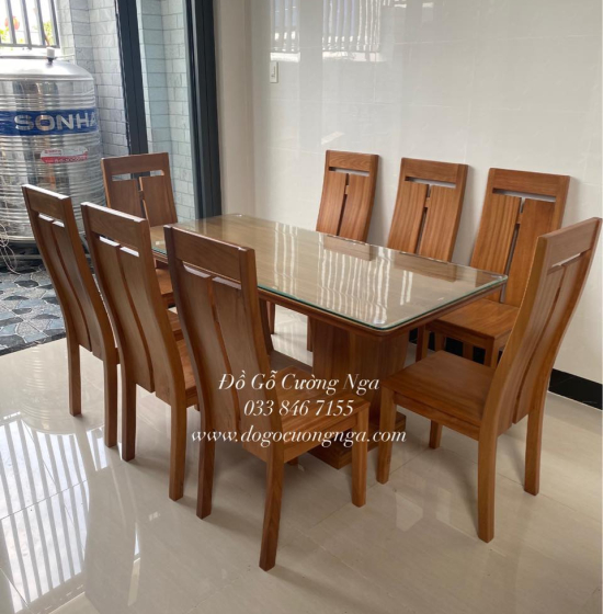 Bàn Ăn Gỗ Gõ Đỏ 8 Ghế Chân Thuyền Mặt Nguyên Tấm BG 11-16