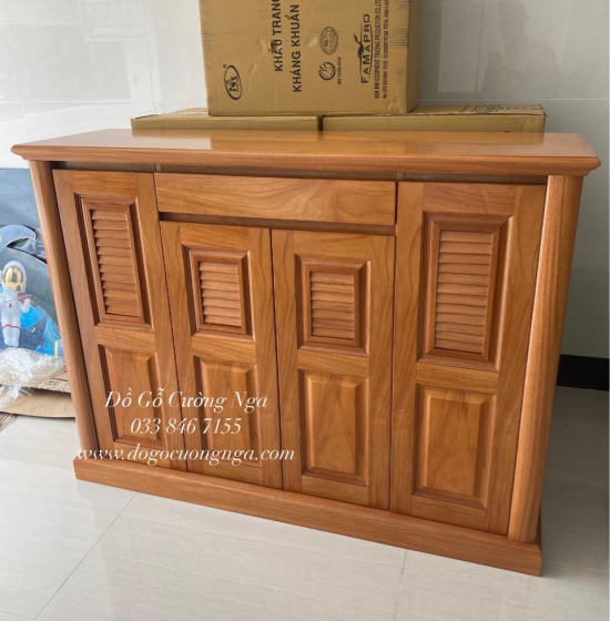Tủ Giày Dép Gỗ Gõ Đỏ 4 Cánh Lá Sách TD 17.1
