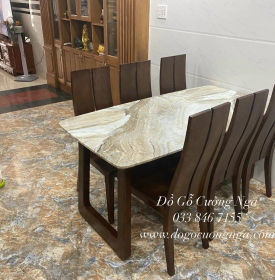 Bộ Bàn Ăn Gỗ Sồi Nga Mặt Đá 6 Ghế Hiện Đại 