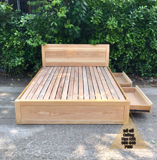 Giường gỗ sồi nga 2 ngăn kéo vạt lan hiện đại 