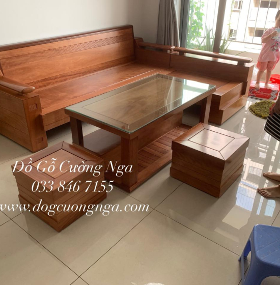 Bàn Ghế Sofa Gỗ Đinh Hương Góc L 2m1x1m6 - Tựa Cong 