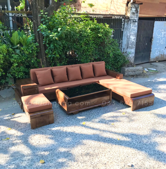 Bộ Bàn Ghế Sofa Góc L Gỗ Sồi Nga Chân Cuốn - Vế Phải Nệm Vải Bố 