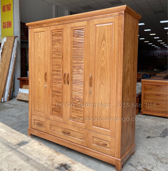 Tủ quần áo gỗ hương xám cao cấp 4 cánh  2m mẫu lá sách 