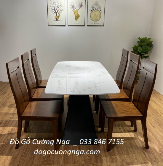 Bộ bàn ăn gỗ sồi nga 6 ghế - mặt đá cao cấp - hiện đại 
