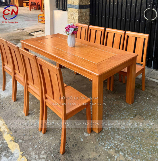 Bộ Bàn Ăn Gỗ Gõ Đỏ Hiện Đại 8 Ghế Mặt Liền 