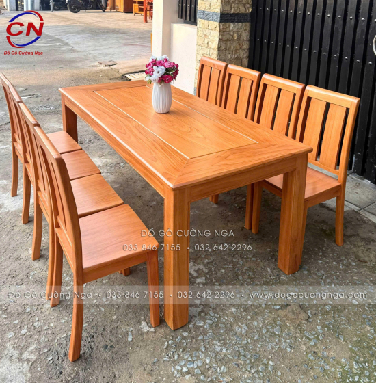 Bộ Bàn Ăn Gỗ Gõ Đỏ Hiện Đại 8 Ghế Mặt Liền 