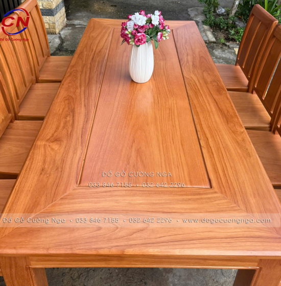 Bộ Bàn Ăn Gỗ Gõ Đỏ Hiện Đại 8 Ghế Mặt Liền 
