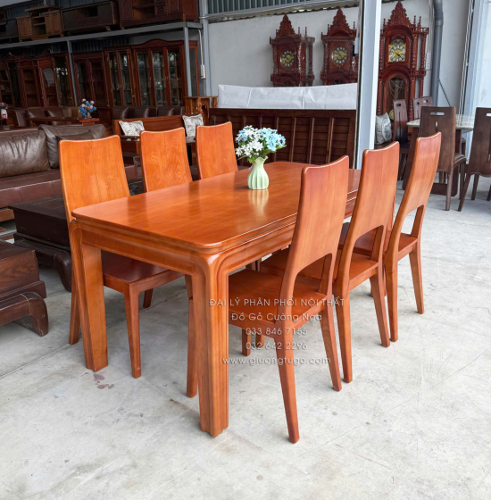 Bàn Ăn Gỗ Sồi Nga 6 Ghế Màu Cánh Gián Mẫu Chân Bo Hiện Đại