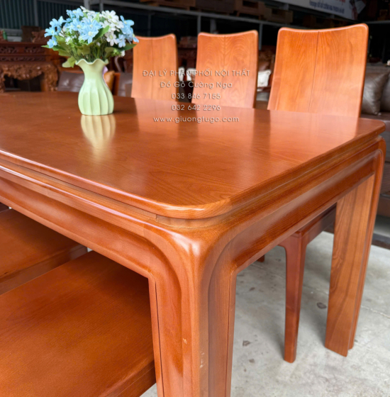Bàn Ăn Gỗ Sồi Nga 6 Ghế Màu Cánh Gián Mẫu Chân Bo Hiện Đại