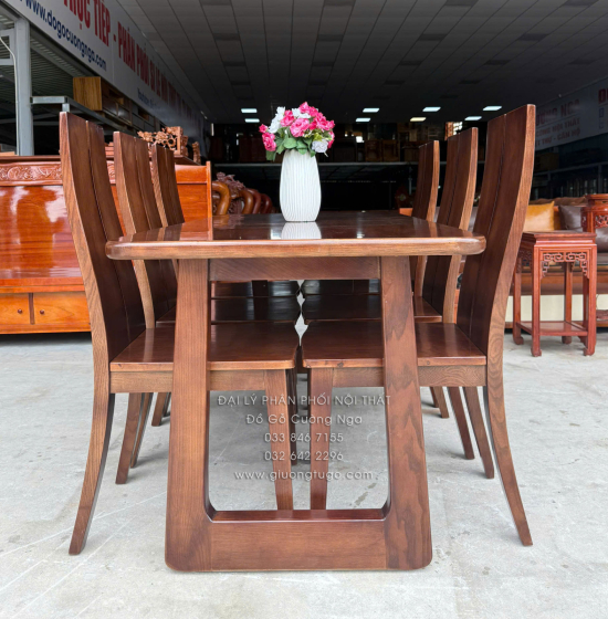 Bàn Ăn Gỗ Sồi Nga 6 Ghế Màu Óc Chó - Mẫu Chân Choãi - Mặt Bàn Gỗ