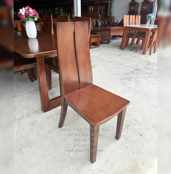 Bàn Ăn Gỗ Sồi Nga 6 Ghế Màu Óc Chó - Mẫu Chân Choãi - Mặt Bàn Gỗ