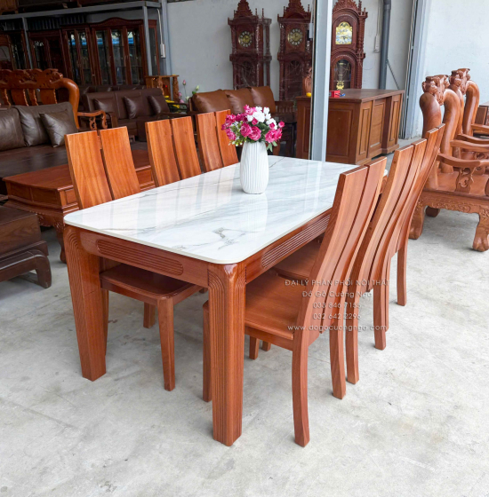 Bộ bàn ăn gỗ Xoan Đào mặt đá 1m6 - 6 ghế chân soi BG 035