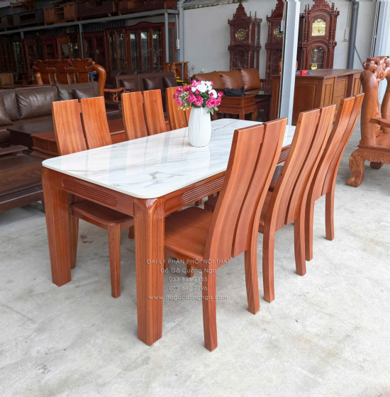 Bộ bàn ăn gỗ Xoan Đào mặt đá 1m6 - 6 ghế chân soi BG 035