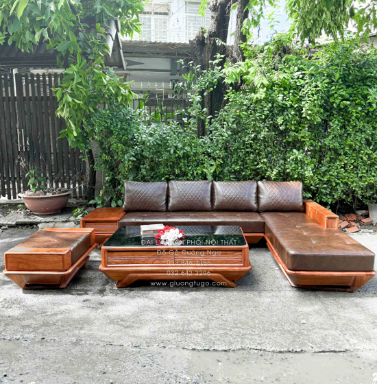 Sofa Gỗ Hương Vàng Góc L Chân Thuyền 3m25 x 2m15 Cao Cấp
