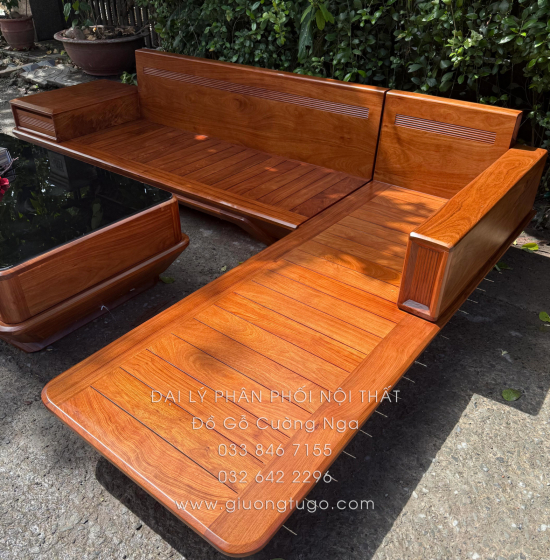 Sofa Gỗ Hương Vàng Góc L Chân Thuyền 3m25 x 2m15 Cao Cấp