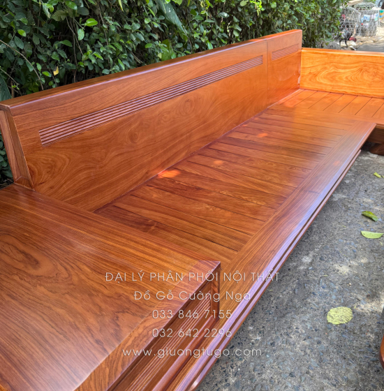 Sofa Gỗ Hương Vàng Góc L Chân Thuyền 3m25 x 2m15 Cao Cấp